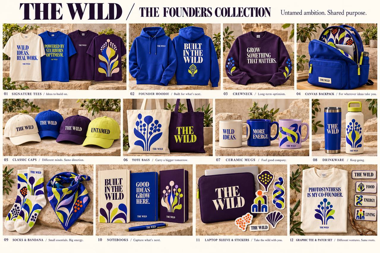 The Wild Founders Collection — tees, hoodies, caps, tote bags, mugs, notebooks and accessories in aubergine, cobalt and chartreuse