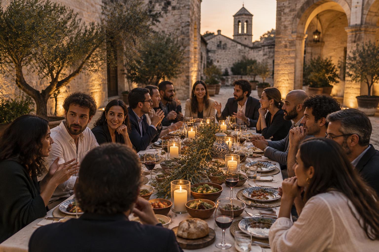Founders sharing dinner in a historic courtyard