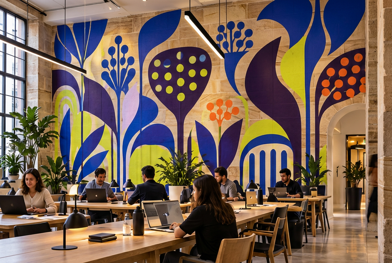 Founders working at tables inside The Wild beneath a botanical mural
